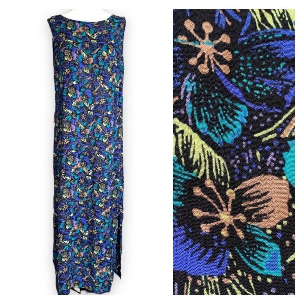Vintage 90s Maxi Dress Tropical Floral Print Black Multicolor Cerulean Blue